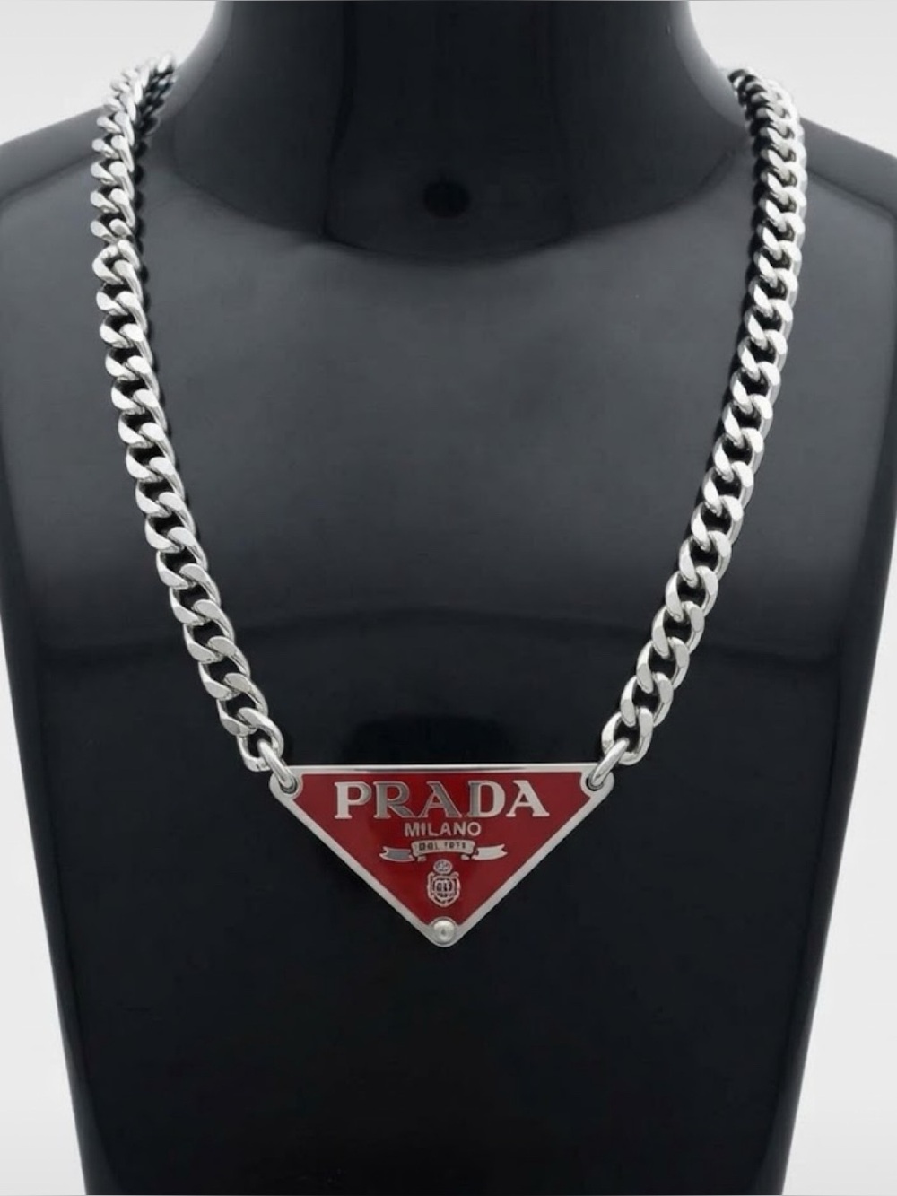 Brand New ! Silver Chain Necklace with Red Triangle Logo Pendant
